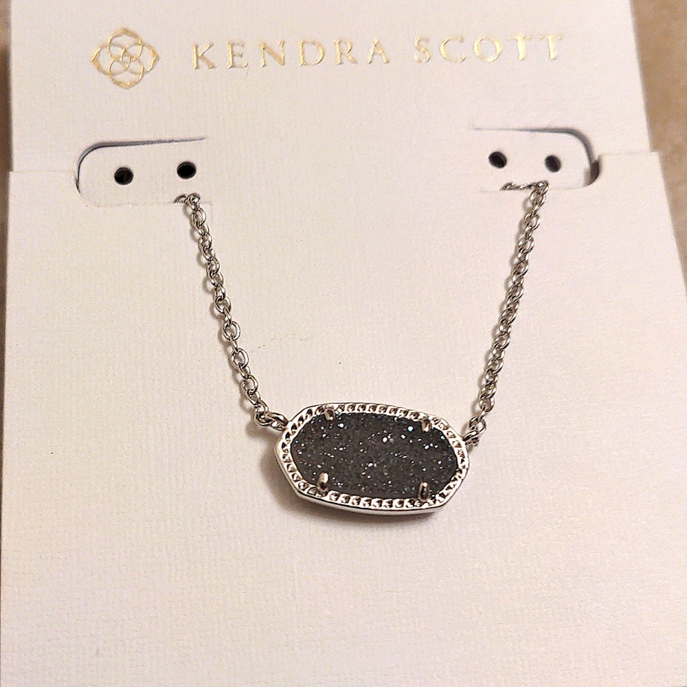 NEW Kendra Scott Elisa Pendant Necklace in Rhodium Steel Gray Drusy - Picture 2 of 6